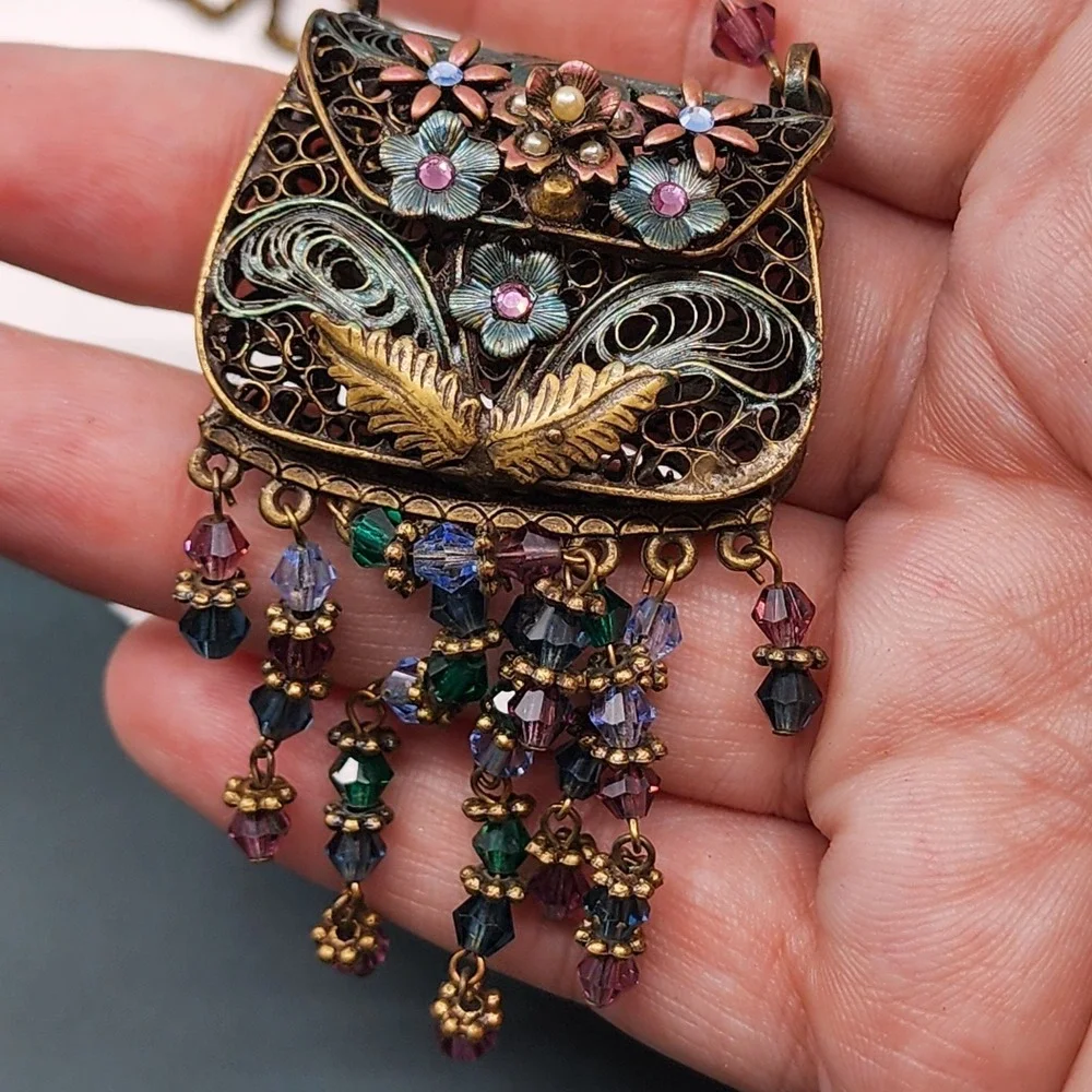 Sweet Romance USA Floral Purse Pendant Necklace Crystal Bead Fringe Victorian